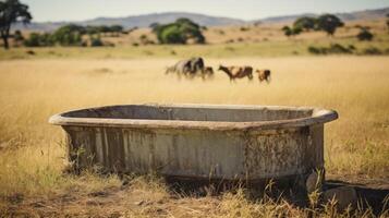 ai gerado vintage água cocho para gado em a Fazenda foto