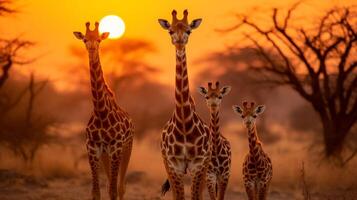 ai gerado girafas e Sol configuração dentro a floresta foto