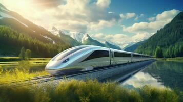 ai gerado avançado maglev trem excesso de velocidade através futurista cenário foto
