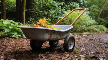 ai gerado jardim carrinho de mão encharcado dentro calmante chuva foto