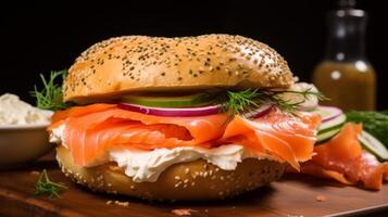 ai gerado clássico bagel sanduíche apresentando salmão defumado e creme queijo foto