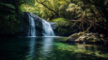 ai gerado controlo remoto cascata com cristal Claro águas e pedras foto