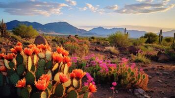 ai gerado uma colorida deserto cena com cactos e flores silvestres dentro flor foto