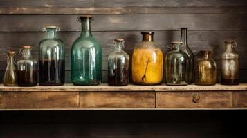 ai gerado grupo do velho vidro frascos dentro uma colecionadores arranjo foto