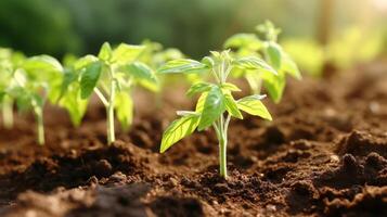 ai gerado fechar acima do próspero tomate mudas dentro a Fazenda campo foto