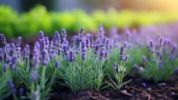 ai gerado lavanda mudas capturado dentro uma fechar acima dentro a Fazenda jardim foto