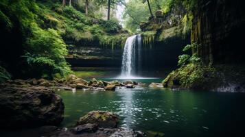 ai gerado desfiladeiro fundo com cascata e piscina Visualizações e cores foto