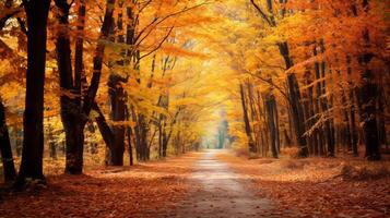 ai gerado uma vetor ilustração do uma floresta chão coberto com colorida outono folhas foto