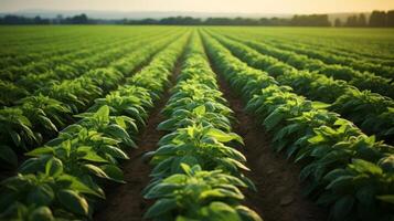 ai gerado simétrico arranjo do batata plantas dentro a campo foto