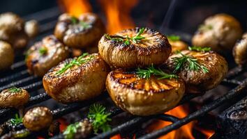 ai gerado champignon estão frito em a grade foto