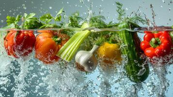 ai gerado fresco legumes queda para dentro água com splash. tomate, salsinha, alho. Comida fundo foto