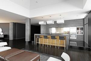 Preto e branco moderno cozinha dentro uma Novo luxo casa foto
