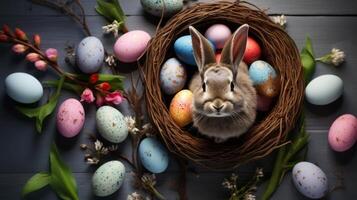 ai gerado fofa Páscoa Coelho com decorado ovos e Primavera flores Páscoa fundo foto