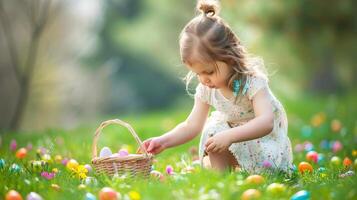 ai gerado pequeno menina Caçando para ovo dentro Primavera jardim em Páscoa dia. tradicional Páscoa festival ao ar livre. lindo Primavera ensolarado dia dentro parque. foto