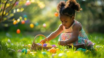 ai gerado pequeno Preto pele menina Caçando para ovo dentro Primavera jardim em Páscoa dia. lindo Primavera ensolarado dia dentro parque. tradicional Páscoa festival ao ar livre. foto