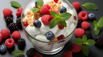 ai gerado subir e brilho parfait fresco creme com fruta saudável Comida foto