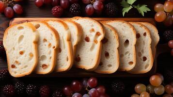 ai gerado passas pão pastelaria cozido e fruta para café da manhã foto