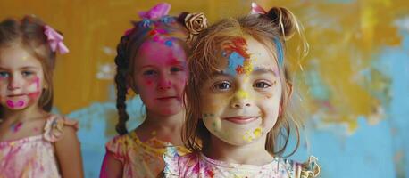 ai gerado transcultural alegria, fofa europeu criança meninas a comemorar a indiano holi festival, coberto dentro colorida pintura pó em rostos e corpos. foto