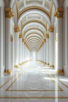 ai gerado uma digitalmente rendido imagem representando uma corredor com branco pilares adornado dentro ouro, criando a elegante fundo. foto