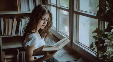 ai gerado lindo caucasiano menina lendo livro dentro de casa foto