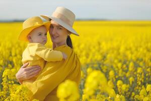 ai gerado caucasiano mãe e dela bebê às amarelo Prado foto