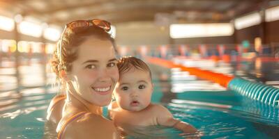 ai gerado lindo caucasiano jovem mãe e dela bebê dentro a natação piscina. foto