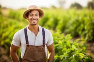 ai gerado jovem feliz agricultor homem sorridente às Câmera dentro vegetal jardim. retrato do jovem empreendedor dentro dele jardim. foto