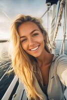 ai gerado jovem feliz mulher levando selfie em iate. vertical retrato do sorridente atraente mulher. foto