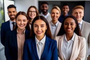 ai gerado grupo do pessoas dentro a escritório. feliz bem sucedido o negócio equipe. diversidade conceito dentro o negócio vida. foto