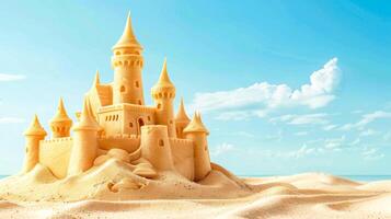 ai gerado majestoso areia castelo em ensolarado de praia foto