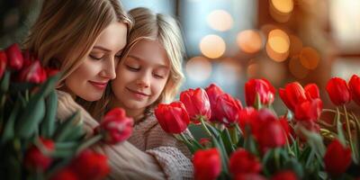 ai gerado dois mulheres abraçando dentro uma campo do vermelho tulipas foto