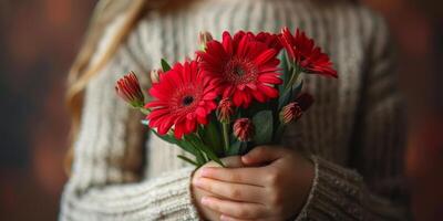 ai gerado mulher segurando ramalhete do vermelho flores foto