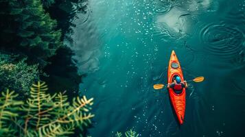 ai gerado aéreo Visão do só caiaque em tranquilo lago foto