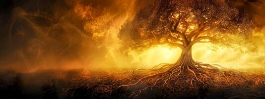 ai gerado místico fogo árvore dentro surreal panorama foto