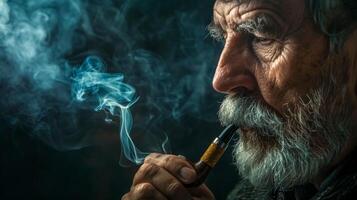 ai gerado idosos homem pensativamente fumar tubo dentro temperamental iluminação foto