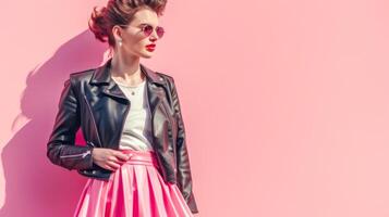 ai gerado à moda mulher dentro Rosa saia e Preto Jaqueta foto