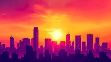 ai gerado vibrante paisagem urbana silhueta às pôr do sol foto