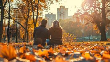 ai gerado outono romance. casal desfrutando pôr do sol dentro parque foto