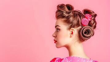 ai gerado retro pôster Penteado moda em Rosa fundo foto