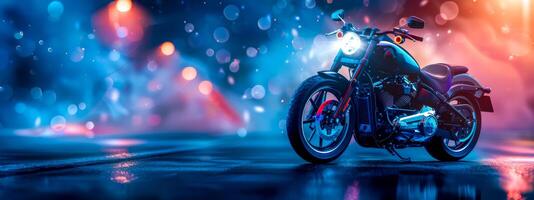 ai gerado futurista motocicleta em iluminado por neon molhado rua foto