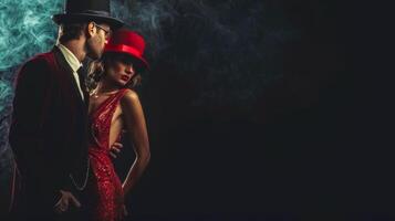 ai gerado glamouroso casal dentro tarde vestuário com dramático iluminação foto