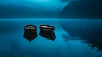 ai gerado sereno lago cena com gêmeo barcos às crepúsculo foto