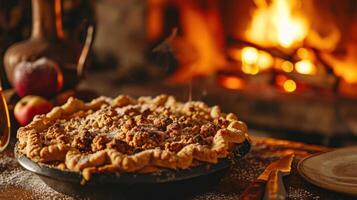 ai gerado streusel coberto maçã torta contra uma inverno lareira foto