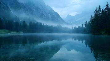 ai gerado místico nebuloso lago às alvorecer dentro montanhoso terreno foto