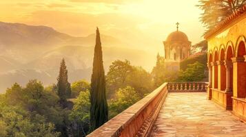 ai gerado sereno pôr do sol às a mosteiro foto