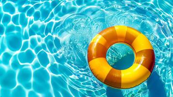 ai gerado verão vibrações. ensolarado piscina dia com laranja flutuador anel foto