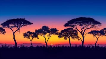 ai gerado tirar o fôlego silhueta do acácia árvores contra a africano pôr do sol céu gradiente foto