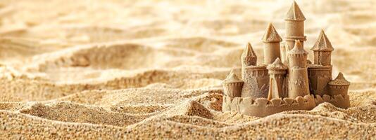 ai gerado majestoso areia castelo em uma ensolarado de praia foto