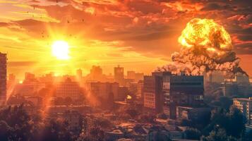 ai gerado apocalíptico paisagem urbana com explosivo pôr do sol foto