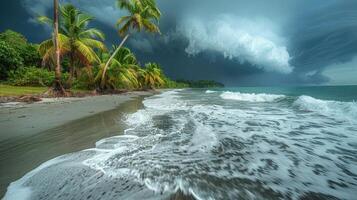 ai gerado tempestade Aproximando de praia com Palma árvores foto